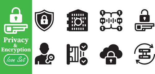 Fototapeta premium Privacy and Data Encryption Icon Set, Cyber Security Cloud Computing and Binary Protection Symbols