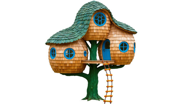 Isolated whimsical treehouse with green shingle roof, multiple blue windows and rope ladder.