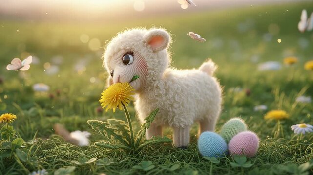 Cute knitted baby sheep foraging dandelion near pastel easter eggs. Blurry bokeh glows and butterflies flutter over spring meadow.