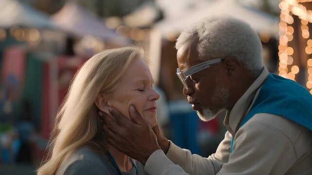 Community health worker administers vision screening test to elderly participant at folding table during neighborhood wellness event showing preventive care, perfect for eye health medical outreach