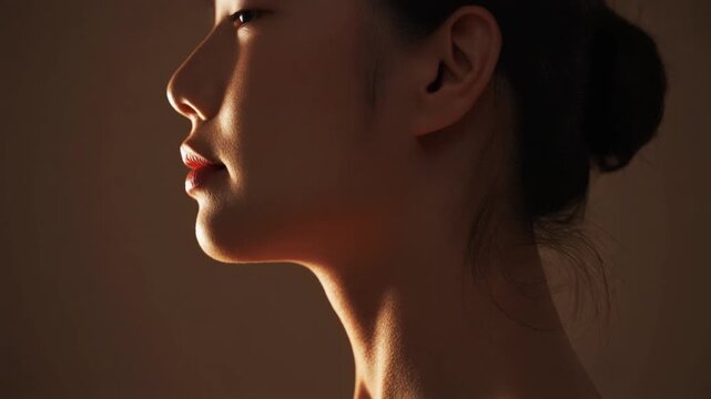 Side view of female neck and collarbone illuminated by warm light showing beauty and skincare concept