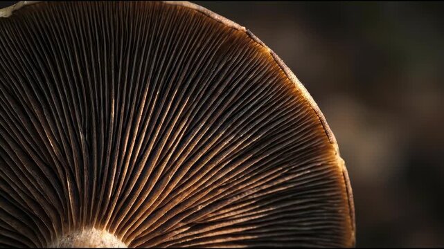 Close-up view of the intricate details of the underside of a mushroom, with its delicate gills illuminated by natural light, in a captivating close-up photograph.