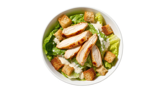 Isolated grilled chicken Caesar salad with crisp romaine lettuce, croutons, and creamy dressing