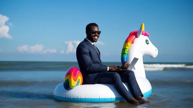 Businessman sitting on inflatable unicorn in ocean while using laptop creating surreal remote work concept