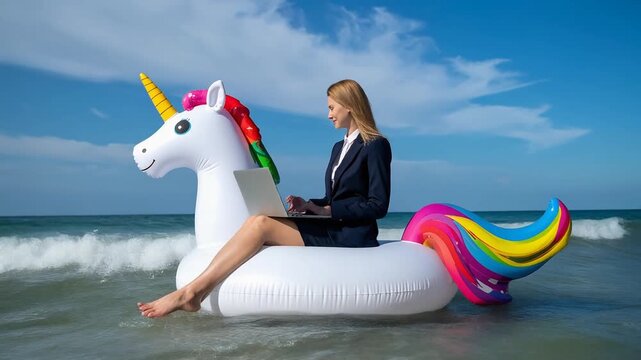 Professional woman sitting on unicorn inflatable at beach using laptop showing creative remote work idea