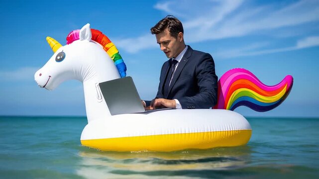 Man working on laptop while floating on unicorn inflatable in sea blending business and fantasy