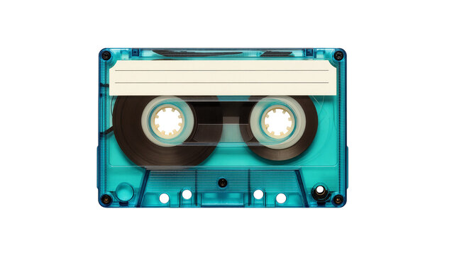 Isolated vintage teal audio cassette tape with blank label and magnetic reels for retro sound.