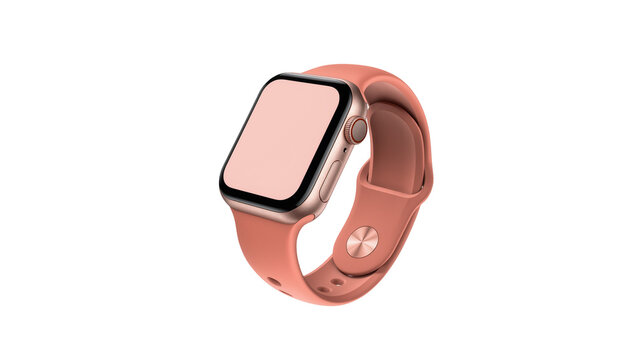 Isolated modern rose gold smartwatch with elegant pink sport band, essential wearable technology device