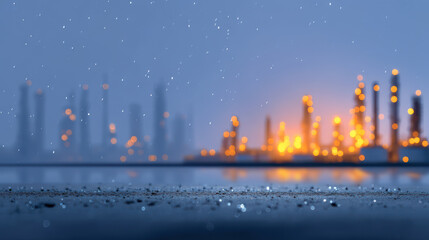 Fototapeta premium Glowing damaged oil refinery at dusk with bokeh lights and foreground rain drops