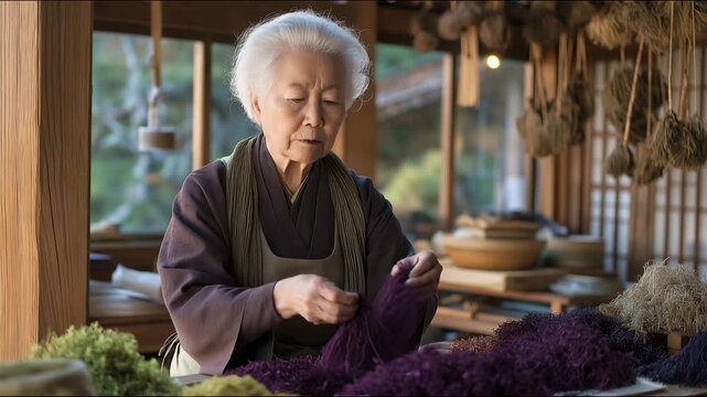 Elderly Korean grandmother demonstrating traditional hanji papermaking craft to mixed-age artisan collective in sunlit workshop, natural fibers and vibrant dyed pulp covering wooden tables, perfect
