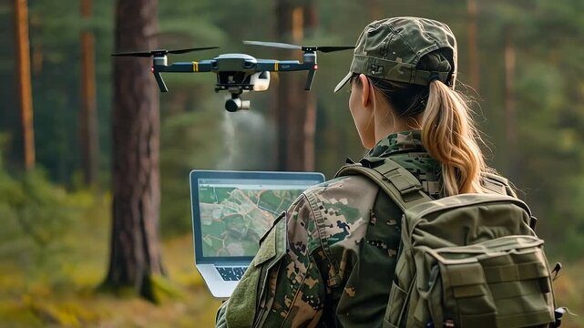 Soldier using portable computer to manage drone flight in outdoor mission setting