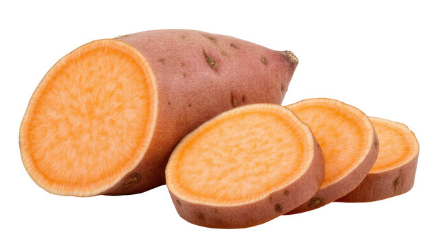 Isolated sweet potato cut in half with vibrant orange flesh and several fresh slices