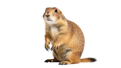 Isolated prairie dog standing upright on hind legs, alert and curious expression © Hannah
