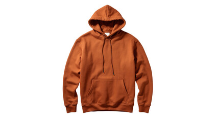 Isolated cozy rust-colored casual hooded sweatshirt with front pouch pocket, unisex clothing © Hannah