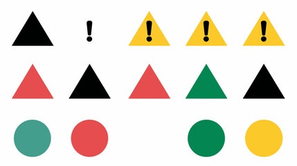 Minimalist geometric warning signs and colored status indicator circles vector set. Safety hazard symbols and basic graphic elements.