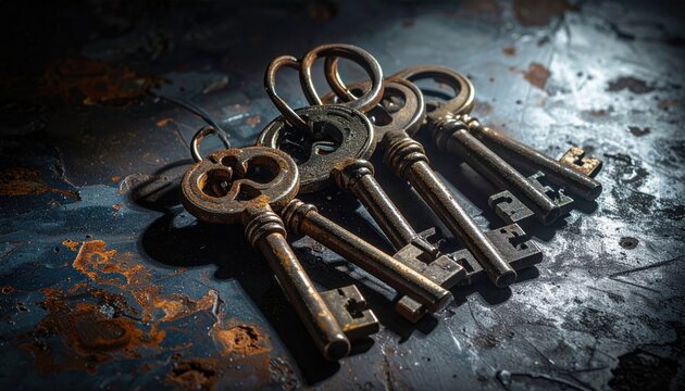 Collection of antique tarnished metal keys with intricate designs on a weathered surface