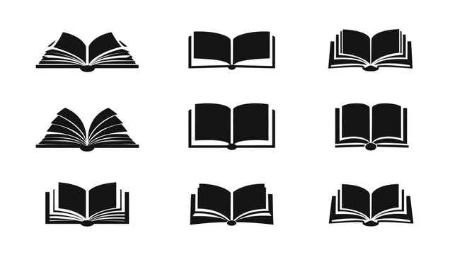 Vector set of open book icons. Collection of reading, education, and knowledge symbols. Black silhouettes for school and library concepts.