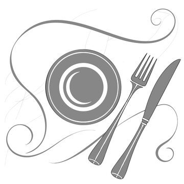Elegant dining setup with gray plate, fork, and knife, surrounded by decorative swirling lines on clean white background