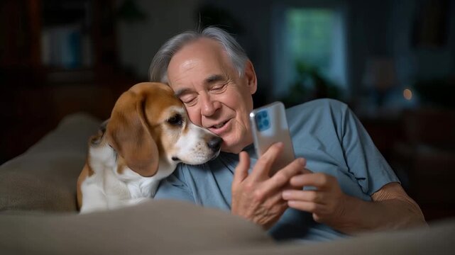 Elderly widower video calls distant family while aging beagle rests head on knee in dimly lit living room, perfect for digital connection, remote communication keywords, and contemporary technology