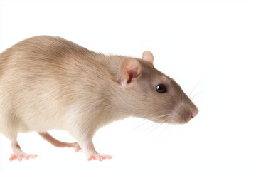 Brown rat close up on white background symbolizing pest infestation, sanitation problems and need for pest control services in urban environments