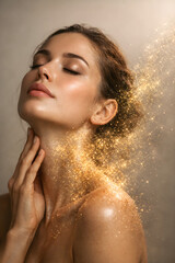 Naklejka premium Woman with closed eyes, hand on neck
