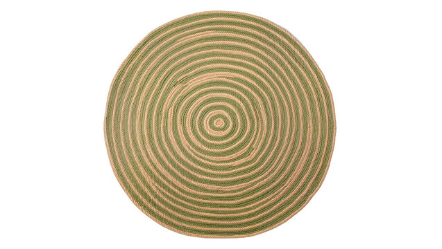 Isolated round woven placemat or rug with spiral two-tone green and beige stripes.