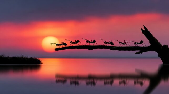 Silhouetted ants march across a fallen branch at sunset. Warm light reflects off calm water below. Sky glows with rich reds and purples. Ideal for themes of teamwork, nature, or perseverance