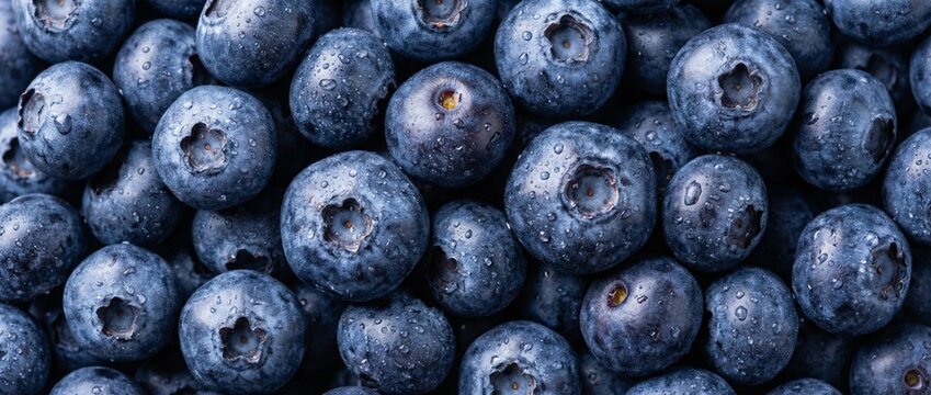 Close-up macro shot of fresh blueberries covered in water droplets, showcasing their texture