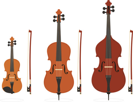Violin and cello string instruments collection with bows classical music orchestra equipment flat vector illustration set
