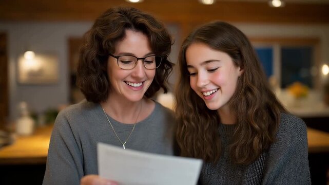 Female mentor and young mentee examine college application materials together at kitchen table during supportive planning session for future goals, perfect for educational guidance youth