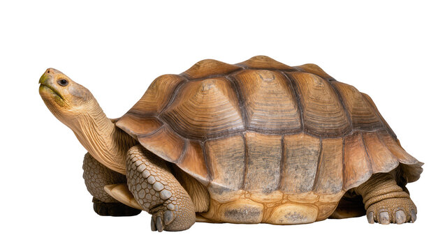Isolated majestic African sulcata tortoise, side view, detailed textured brown shell and head