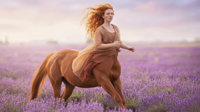 A majestic centaur gracefully gallops through a field of lavender flowers, her fiery red hair flowing in the wind. A mystical encounter blending human and equine form in a vibrant floral landscape.
