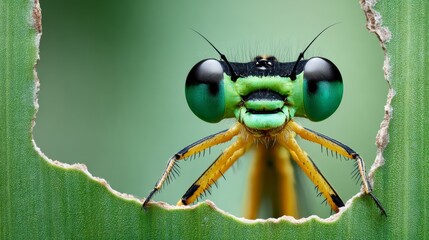 Fototapeta premium Close-up of a vibrant green dragonfly peering through a torn leaf. Large, glossy eyes dominate its face, with bright yellow legs gripping the edge