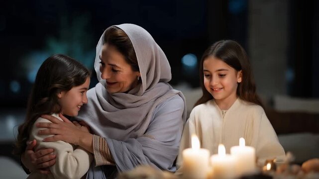 Four generations celebrate Nowruz spring festival around sofreh haft-sin table with elderly matriarch lighting candles and explaining traditions, ideal for cultural heritage, family gathering