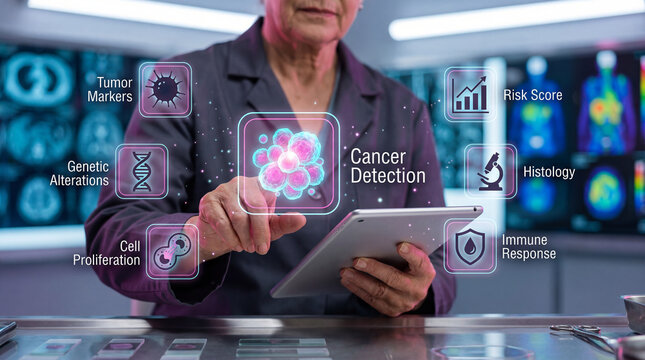 Scientist using digital cancer detection interface showing oncology biomarkers and medical data visualization with icons in research facility