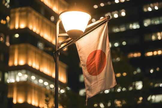 A glowing street lamp illuminates the national flag of japan hanging in a quiet city at night time