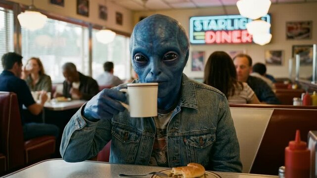 An extraordinary image of an alien having a morning coffee in diner. Evoking a sense of wonder and intrigue.