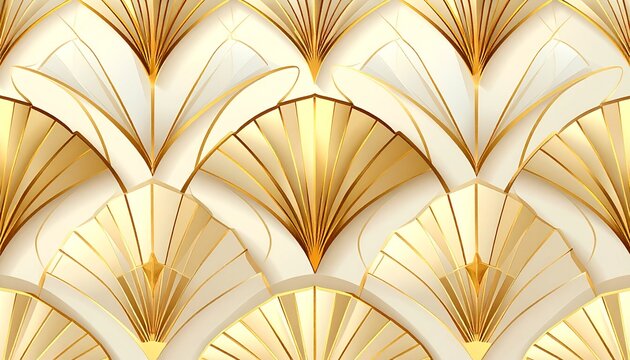 Luxury Gold and White Art Deco Fan Seamless Pattern Background with 3D Relief Effect Elegant Golden Geometric Shell Decorative Backdrop