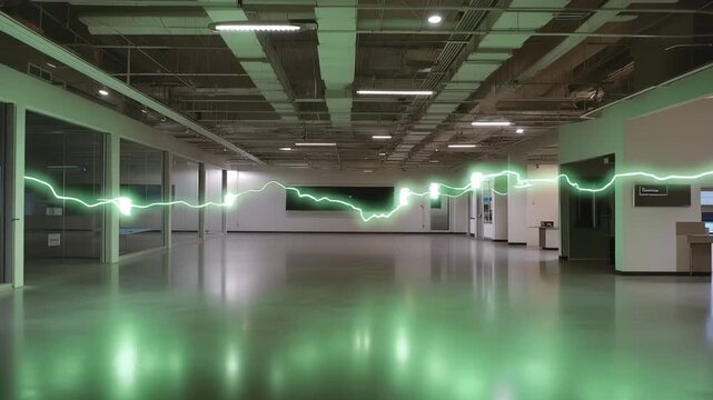 Gravitational wave detection laboratory, laser interferometer beam paths marked with green light trails across dark room, suspended mirrors in vacuum chambers visible, perfect for physics research