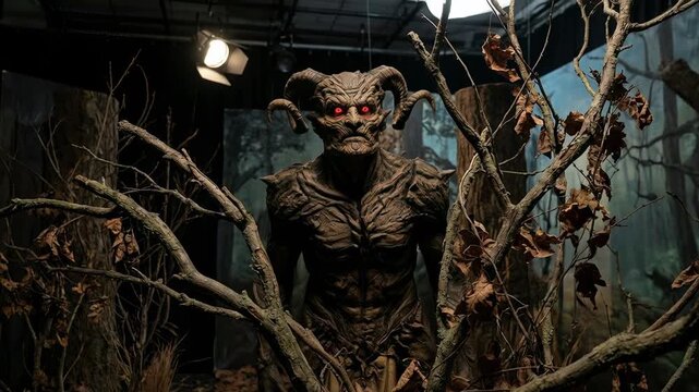 An imposing demonic entity materializes from the shadows of an ominous forest, its glowing red eyes fixated on the viewer, capturing an essence of dread.