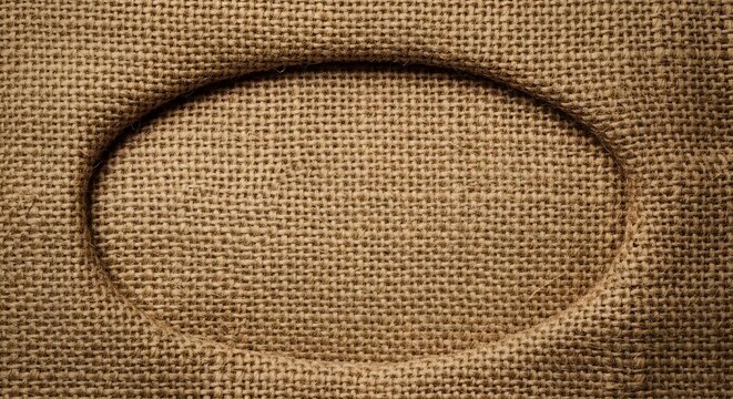 A close up view of a rough brown burlap fabric texture with a circular indentation in the center