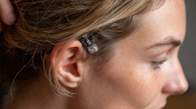 Closeup woman temple patch during work, soft office light, laptop in background, focused expression, productivity boost vibe, discreet wearable technology, concentration support, modern remote work