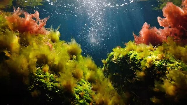 Underwater scene with vibrant green and red algae illuminated by sunbeams, with bubbles rising to the surface.