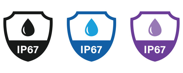 IP67 waterproof material badge label vector, IP67 waterproof rating, water protective capability icon label isolated on white background.