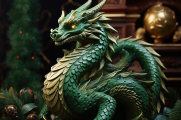 Fototapeta premium A green dragon statue sitting on top of a table. Can be used for fantasy-themed designs or as a decorative piece for home or office.