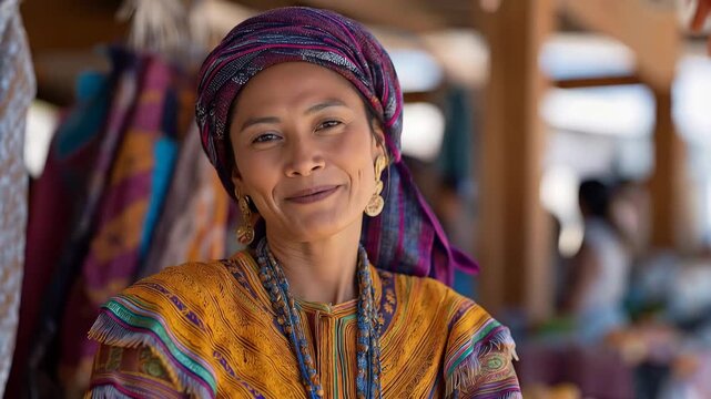 Hmong embroiderer selling intricate story cloths at farmers market booth, traditional textile patterns displayed alongside fresh spring produce from other vendors, perfect for artisan economy,