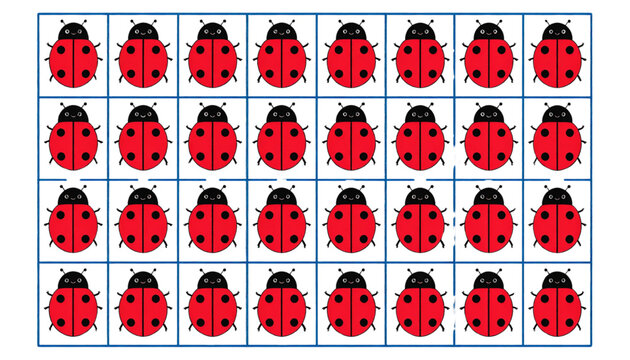 A grid containing thirty two colorful red and black ladybug illustrations arranged in neat rows Vector