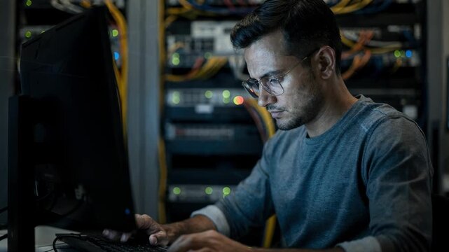 Medium shot of engineer monitoring backup line activation on a screen with network hardware blurred in the background detailing proactive telecom redundancy management.