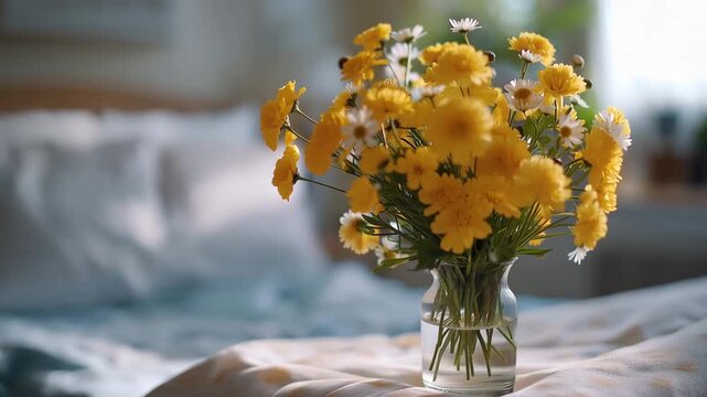 Hospice volunteer arranges fresh wildflowers in simple glass vase on nightstand beside patient bed creating comforting homelike atmosphere in care facility, perfect for palliative care dignity