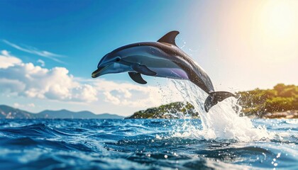 Obraz premium A Playful Dolphin Leaps Gracefully Out of the Blue Ocean Water Under a Sunny Sky